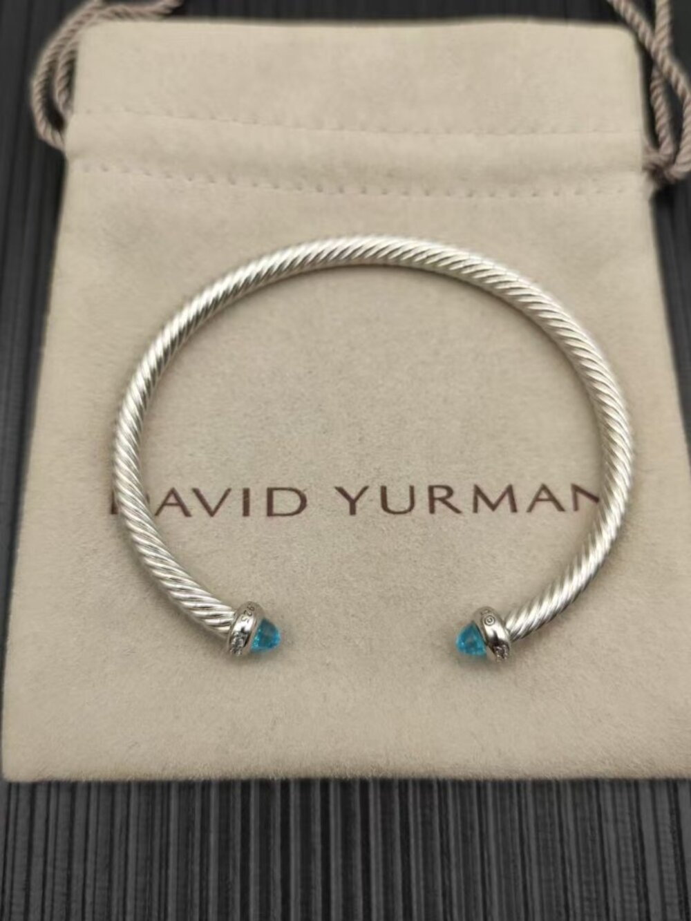 David Yurman Twisted Cable Blue Stone Tip Open Cuff Bracelet
